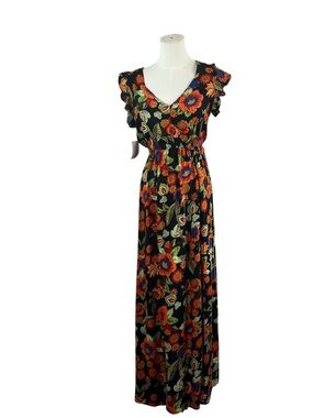 Boho Floral Maxi Dress Cottagecore Vintage Inspired Ruffle Sleeves VNeck Flowy